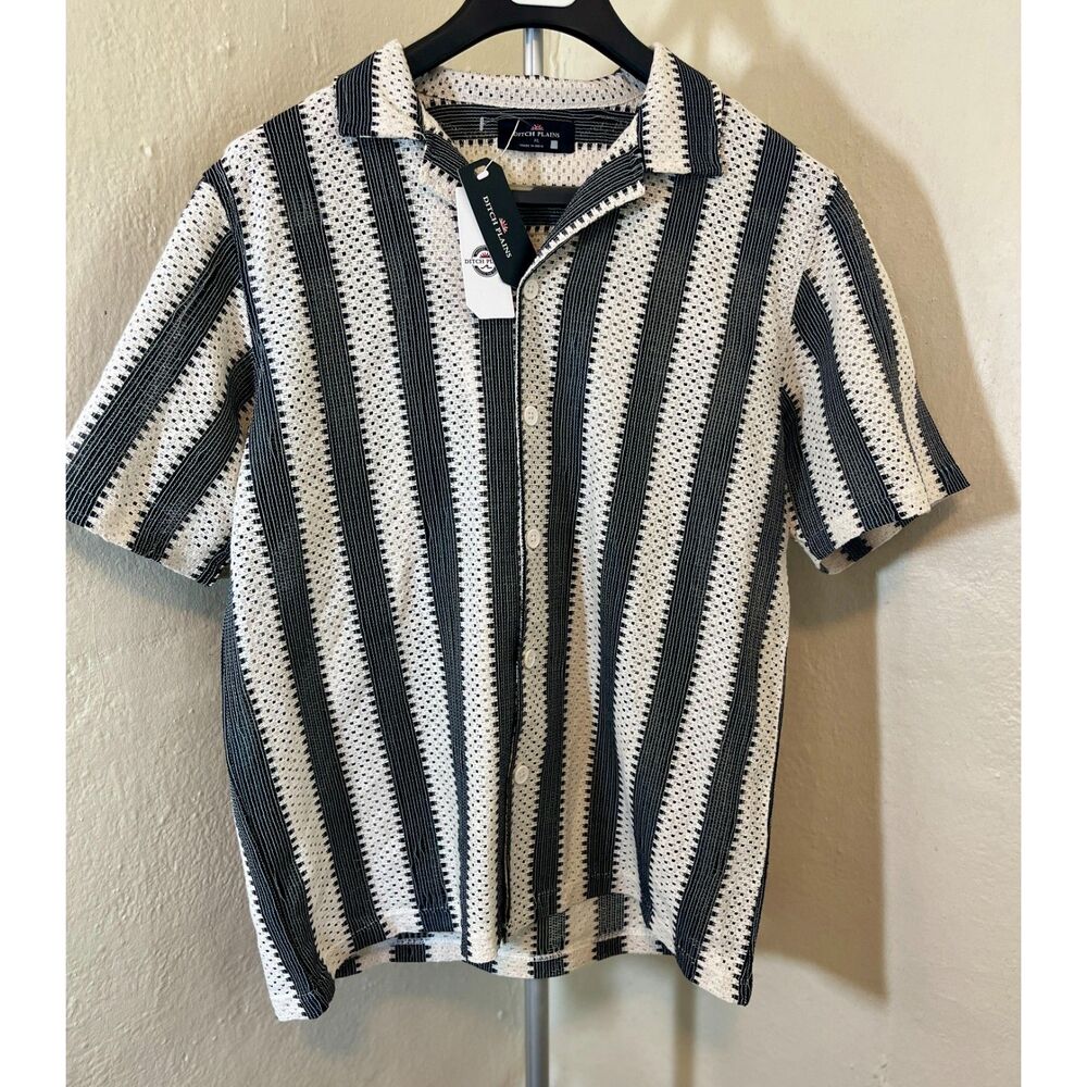 NWT Ditch Plains Black & White Crochet Striped Camp Shirt XL